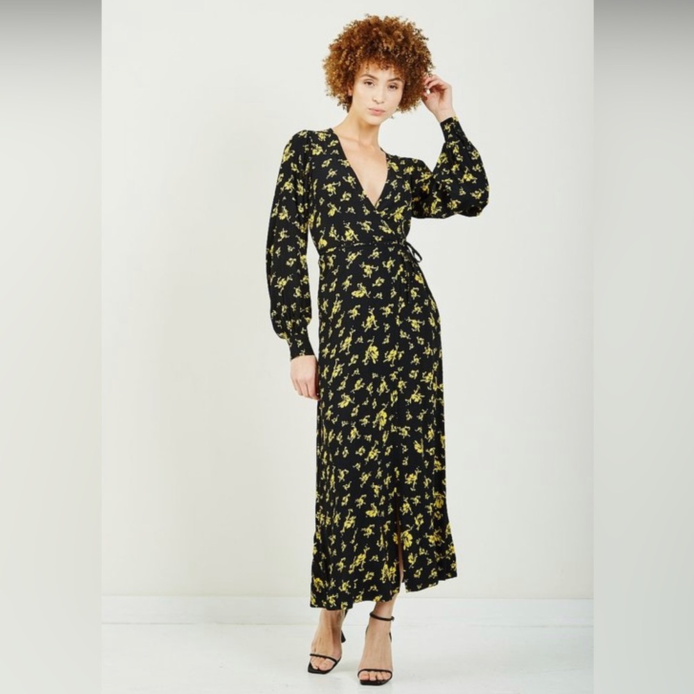 NWOT GANNI Floral Black (and yellow) Wrap Dress, Size 38